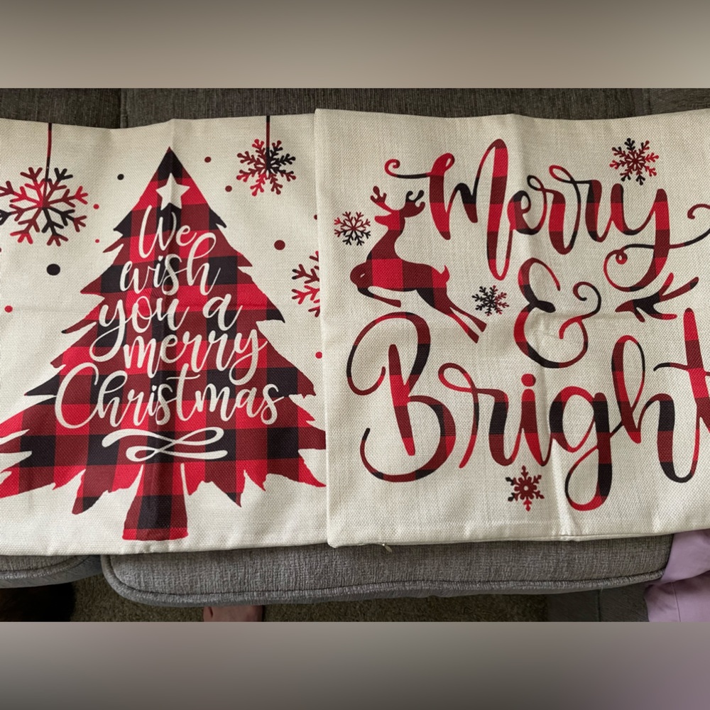New We Wish You A Merry Christmas and Merry & Bright. Set of Two Pillow Covers.